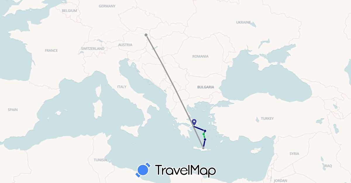 TravelMap itinerary: driving, bus, plane in Austria, Greece (Europe)